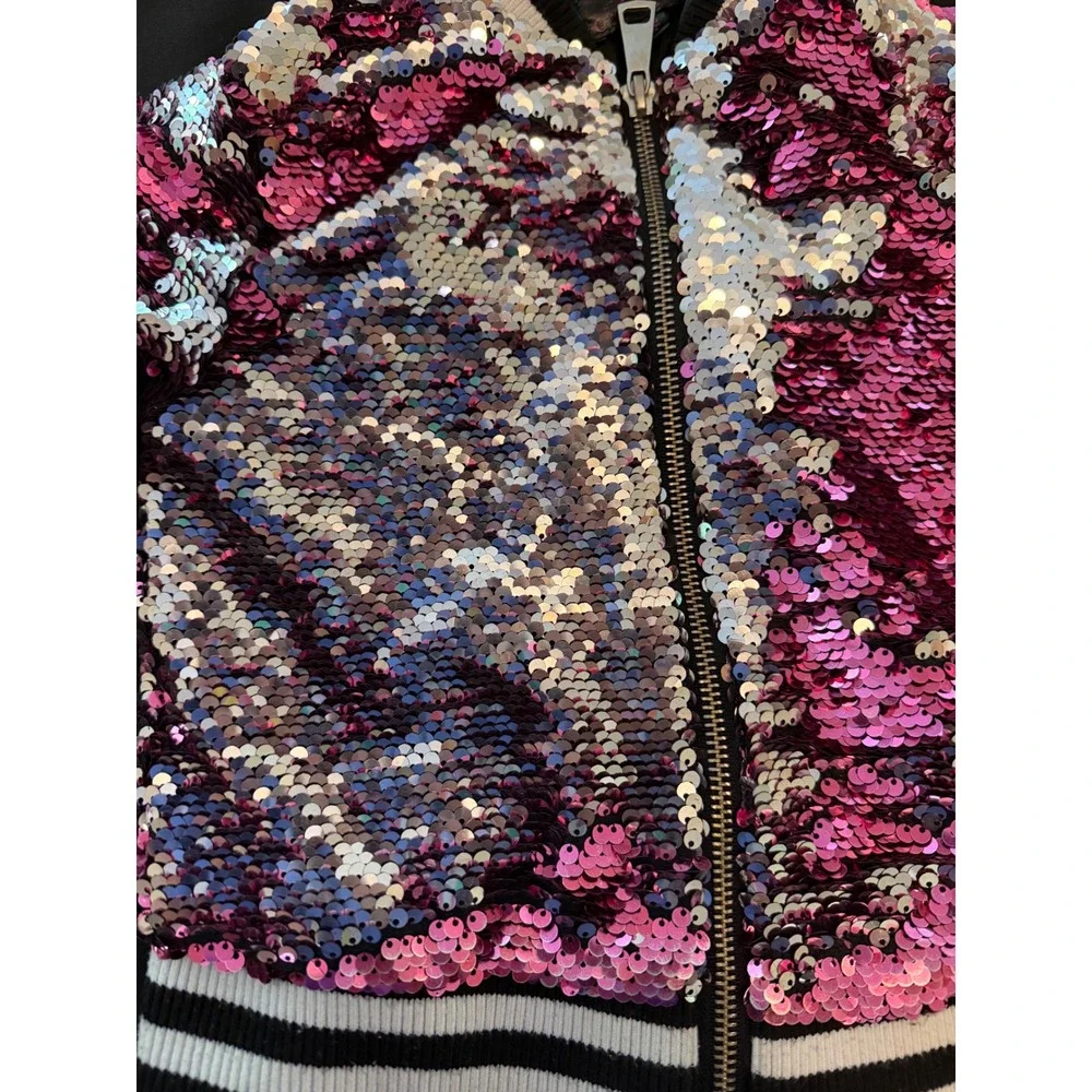 Kids Pink Silver Flip Sequin Bomber Jacket Full Zip Striped Trim Sparkly Coat